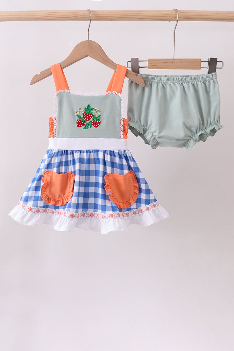 Sage strawberry embroidery ruffle gingham bloomer set