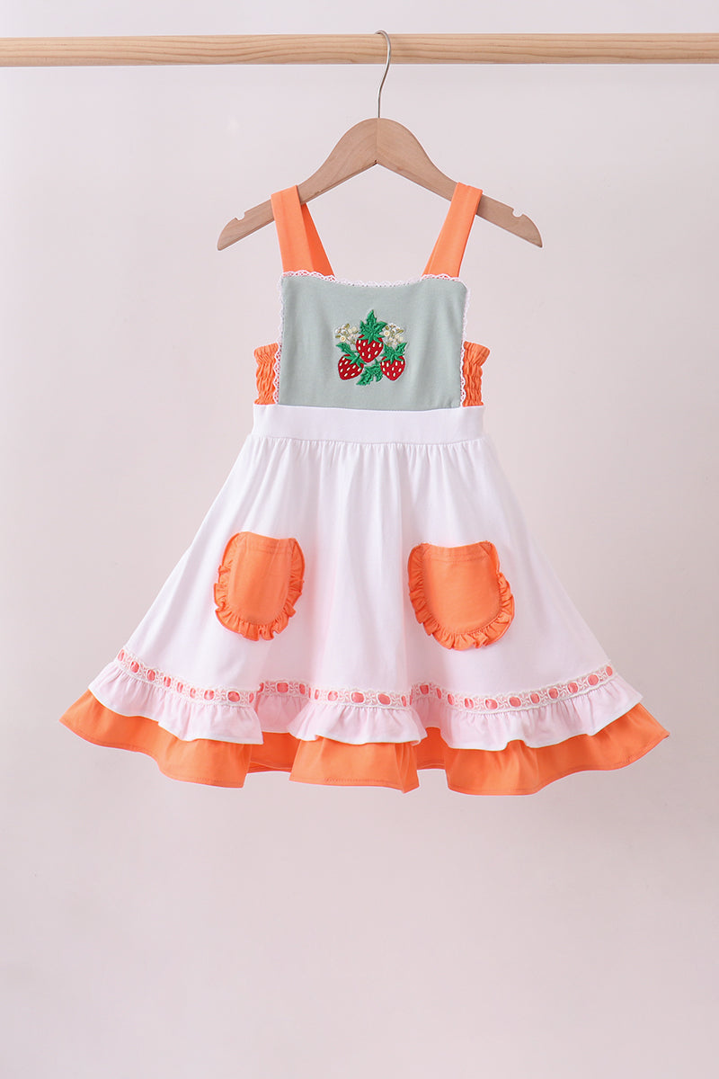 Sage strawberry embroidery ruffle dress