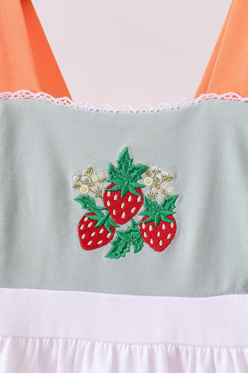 Sage strawberry embroidery ruffle dress