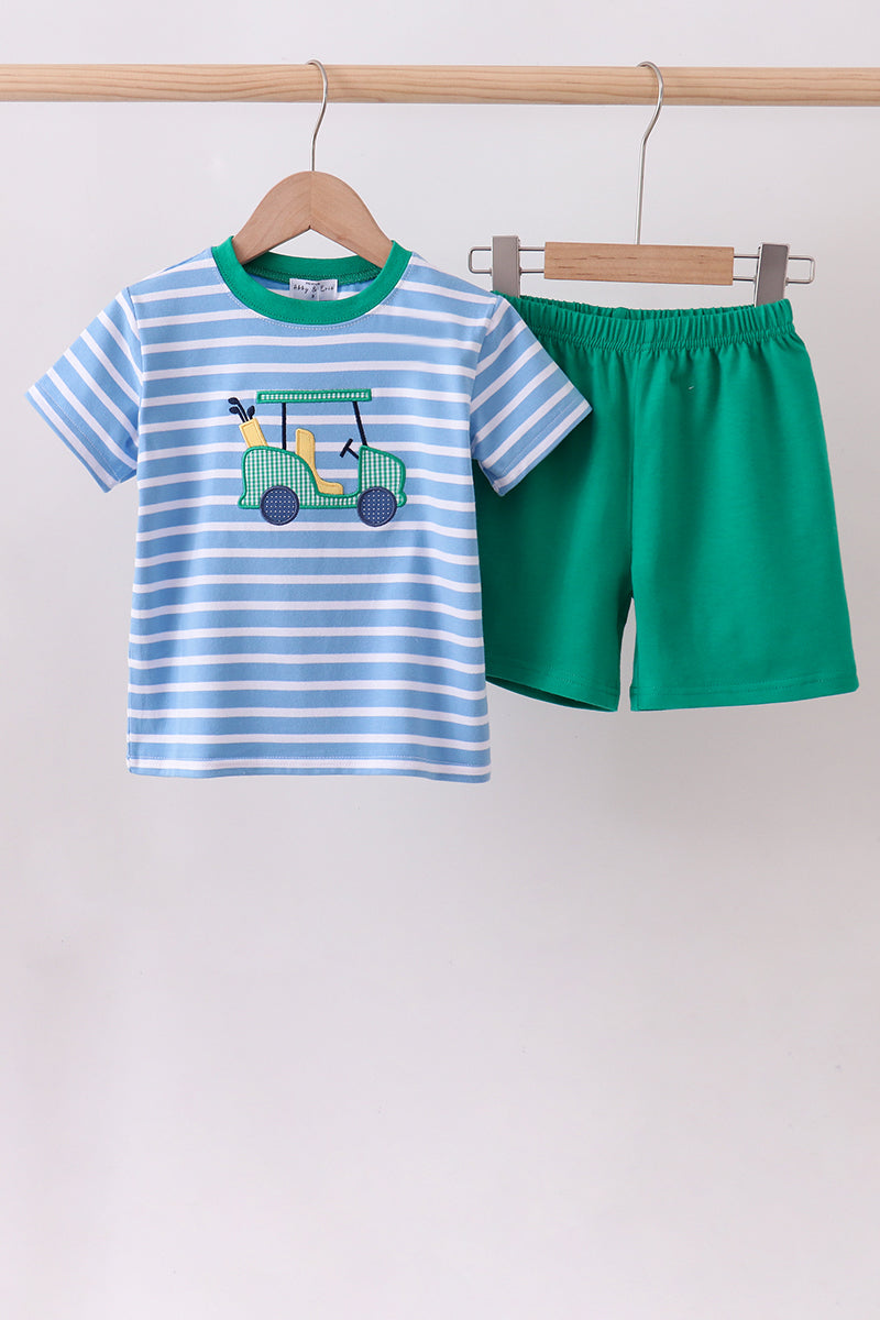 Blue stripe golf cart applique shorts set