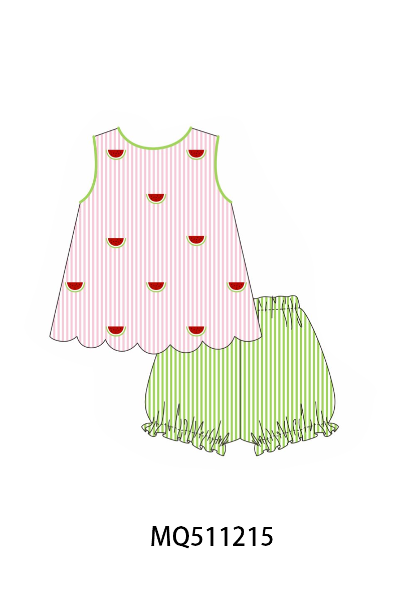 Pink stripe watermelon embroidery seersucker shorts set
