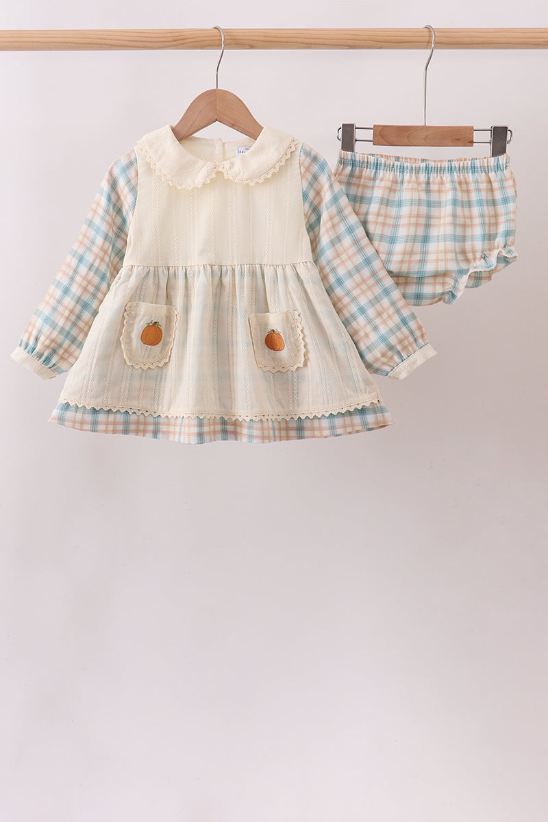 Cream pumpkin embroidery plaid bloomer set