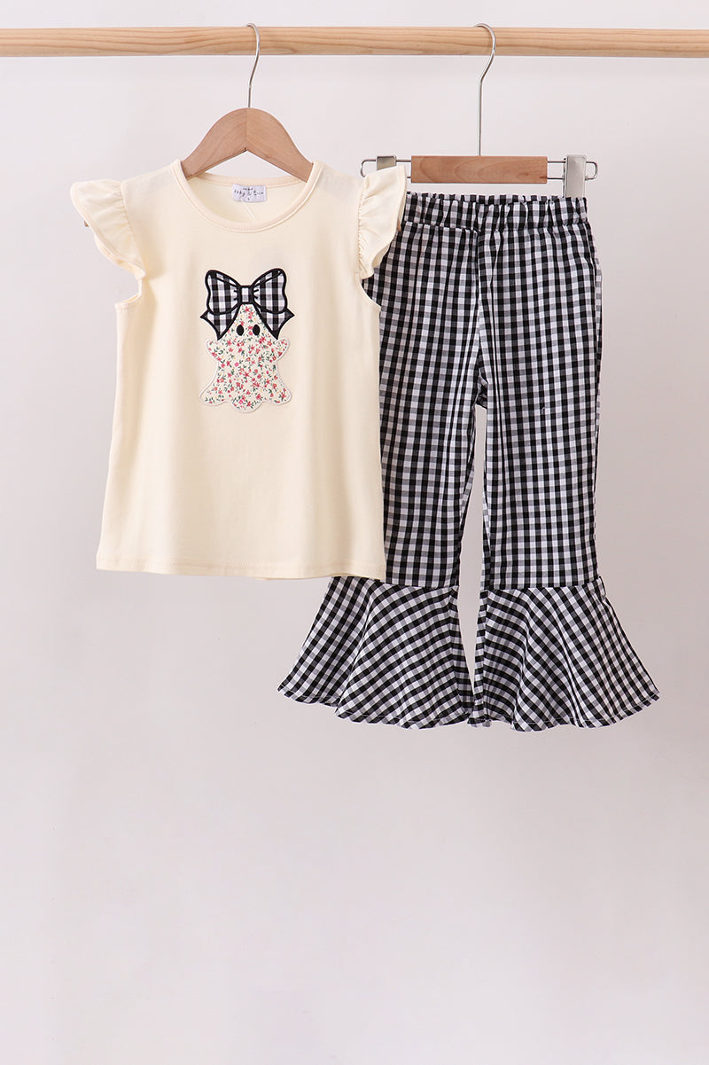 Beige ghost bow embroidery pants set
