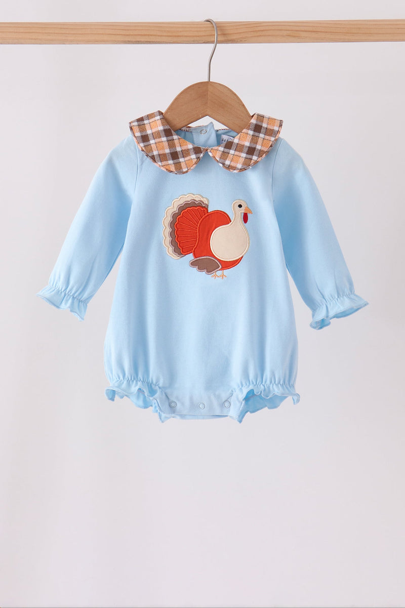 Blue turkey embroidery plaid ruffle bubble