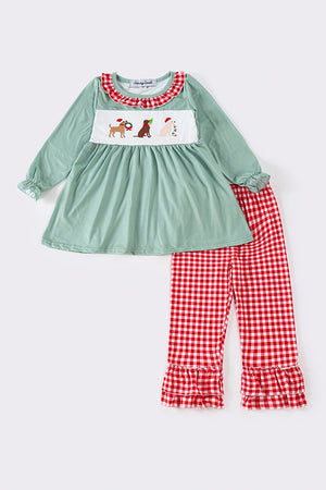 Green christmas puppy print girl set