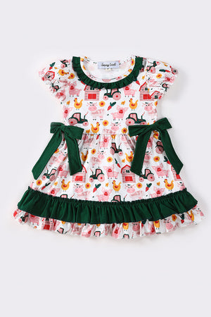 Green farm life girl ruffle dress