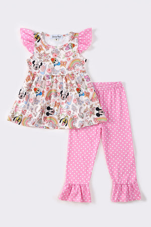 Pink character print ruffle girl set