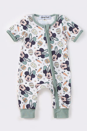 Green character print unisex zipper romper