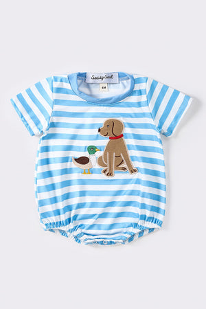 Blue stripe puppy duck applique boy bubble