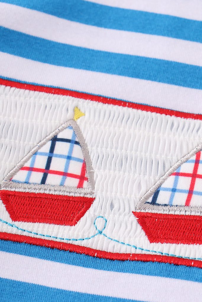 Blue stripe sailing boat applique boy set