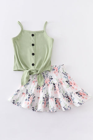 Green floral strap vest skirt set