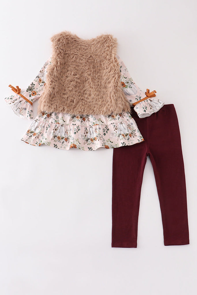 Pumpkin floral print vest 3pc pants set