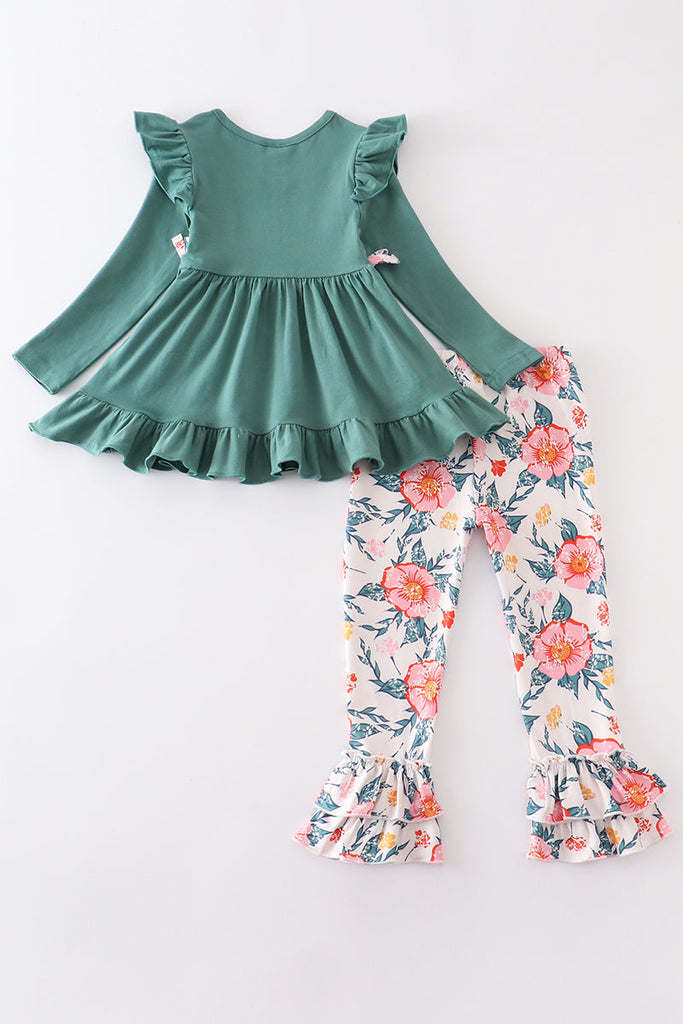 Green floral print ruffle girl set