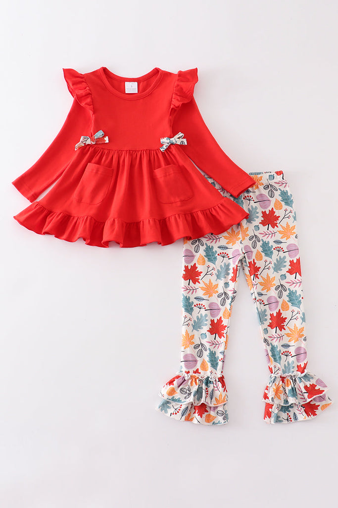 Red floral print ruffle girl set