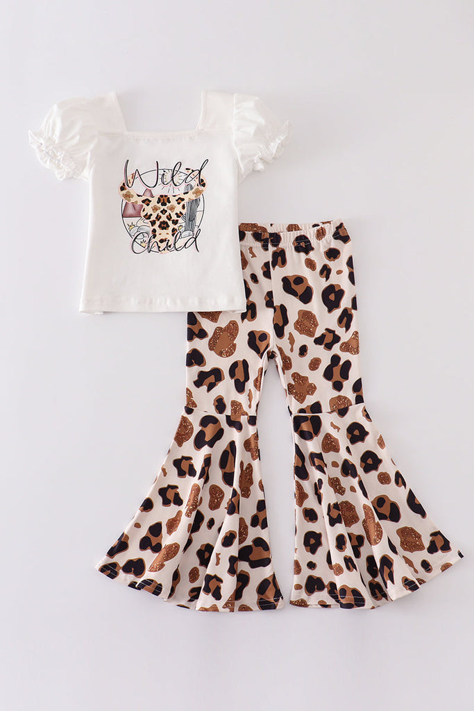 White leopard wild child bell pants set