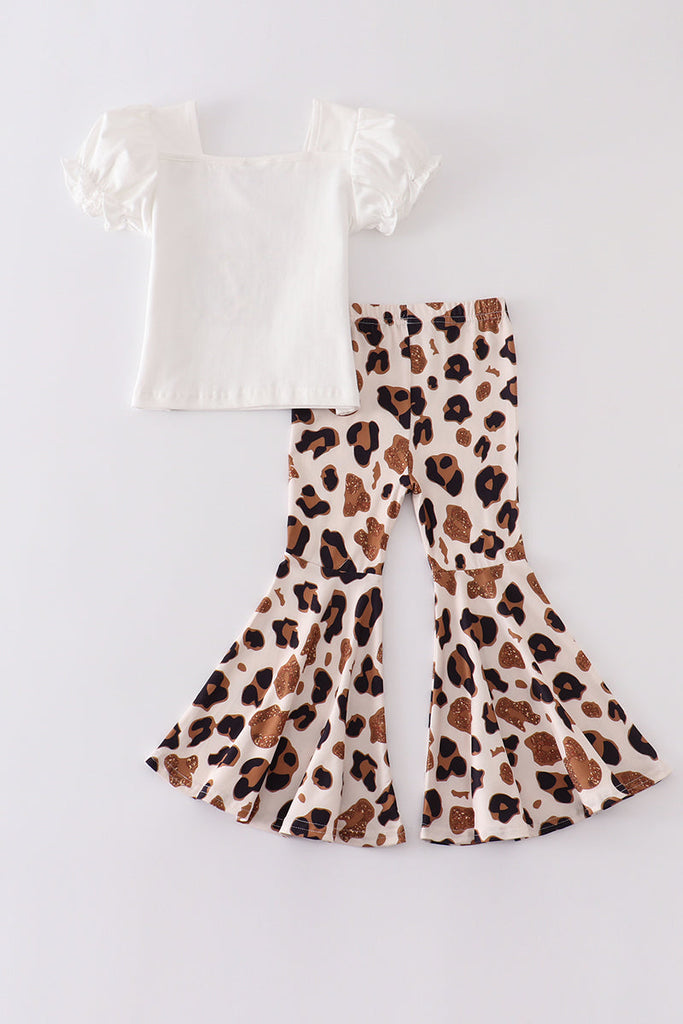 White leopard wild child bell pants set