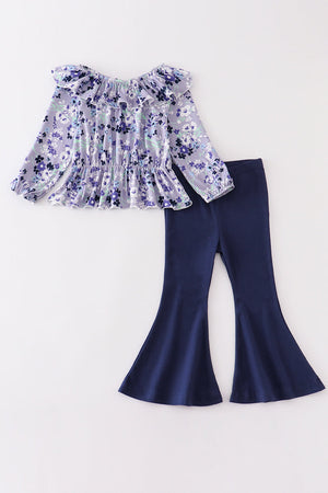 Blue floral print bell pants set