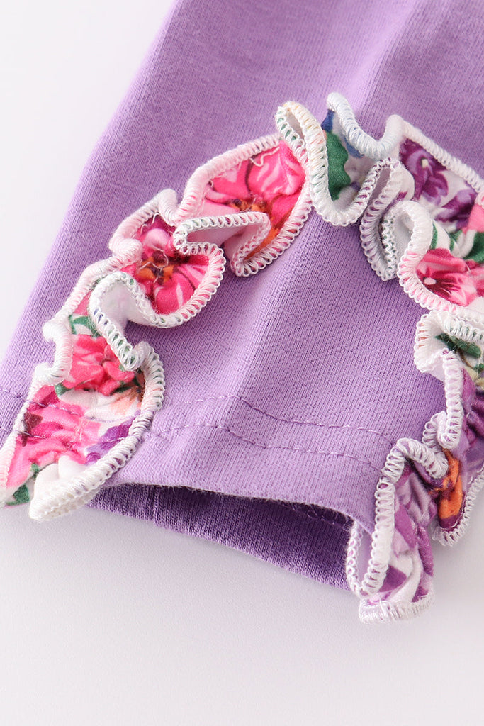 Purple floral print ruffle girl set