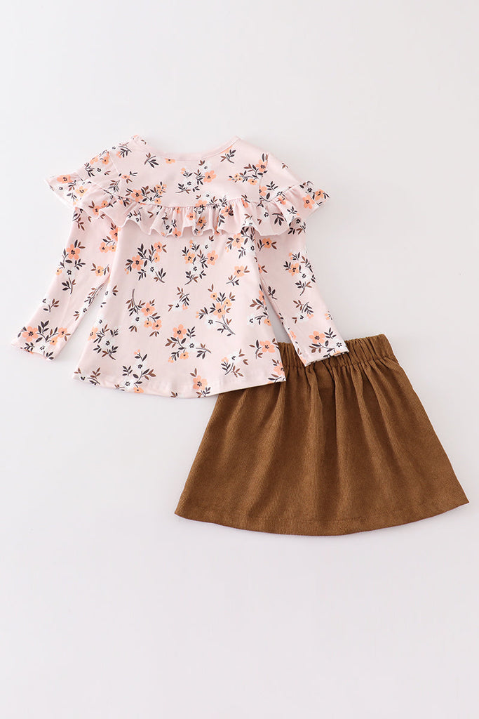 Beige floral print ruffle girl skirt set