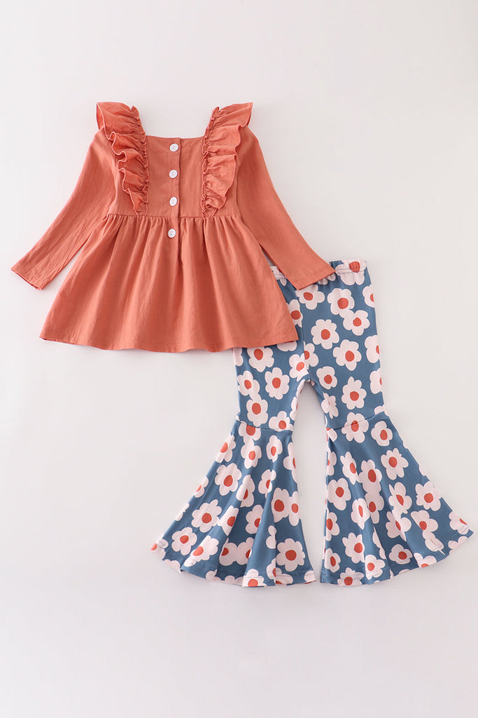 Orange floral print ruffle bell pants set