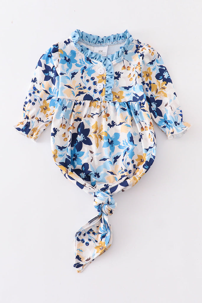 Blue floral print  tie bottom ruffle baby gown