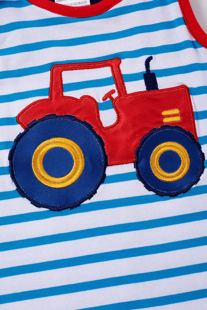 Blue stripe tractor applique boy romper