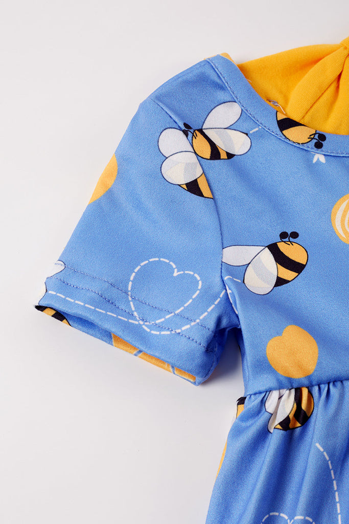 Blue bee print ruffle dress romper