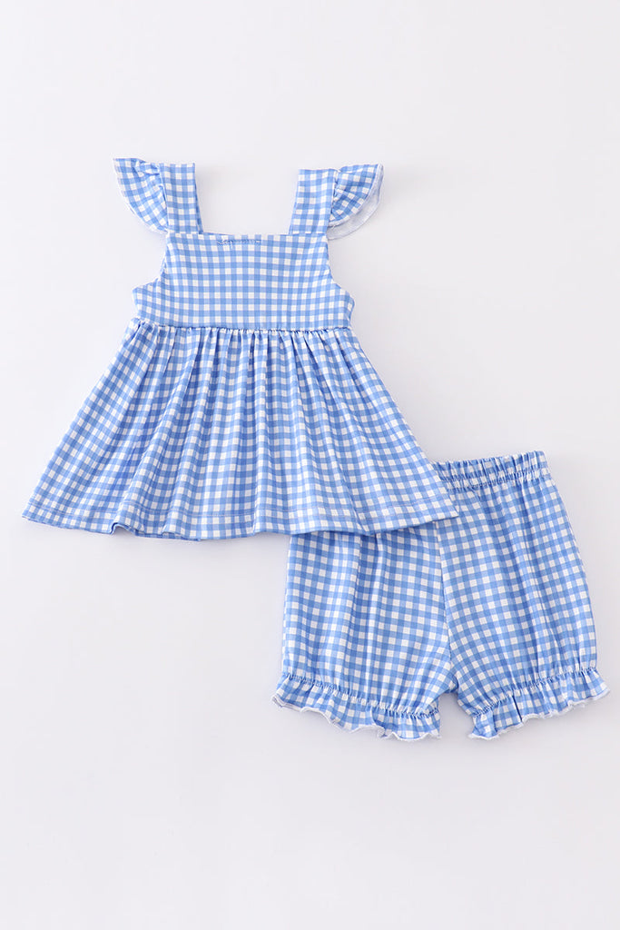 Blue plaid buttons ruffle baby set