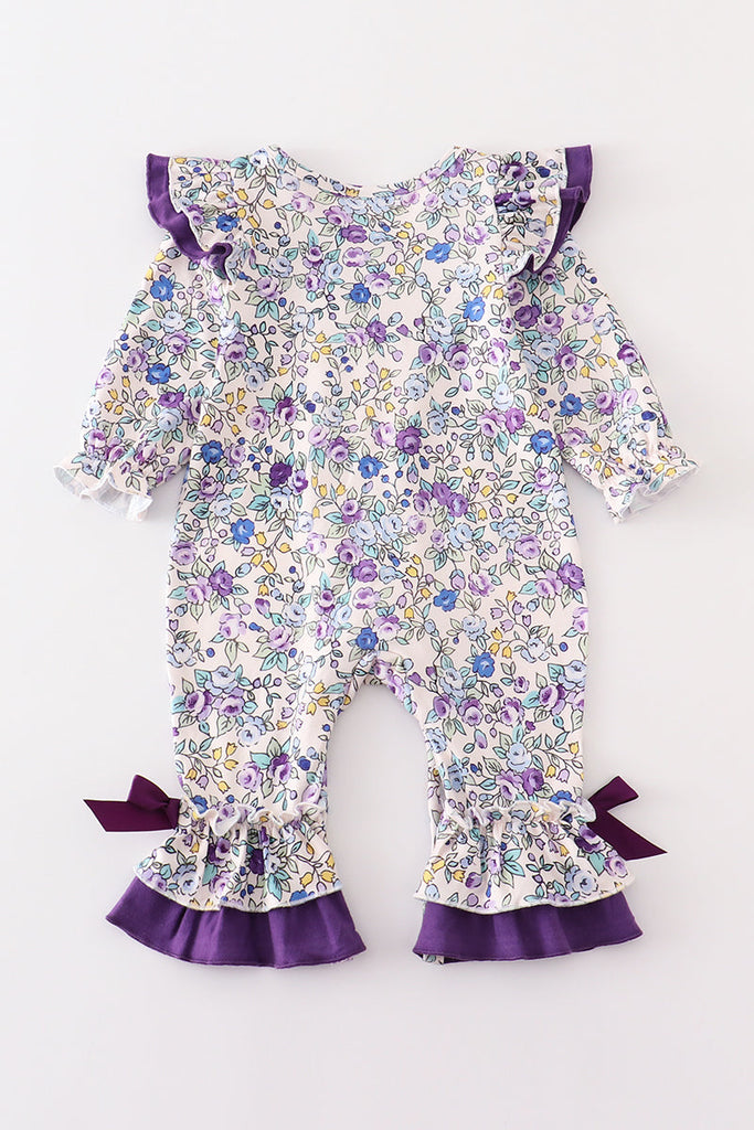 Purple floral print ruffle baby romper