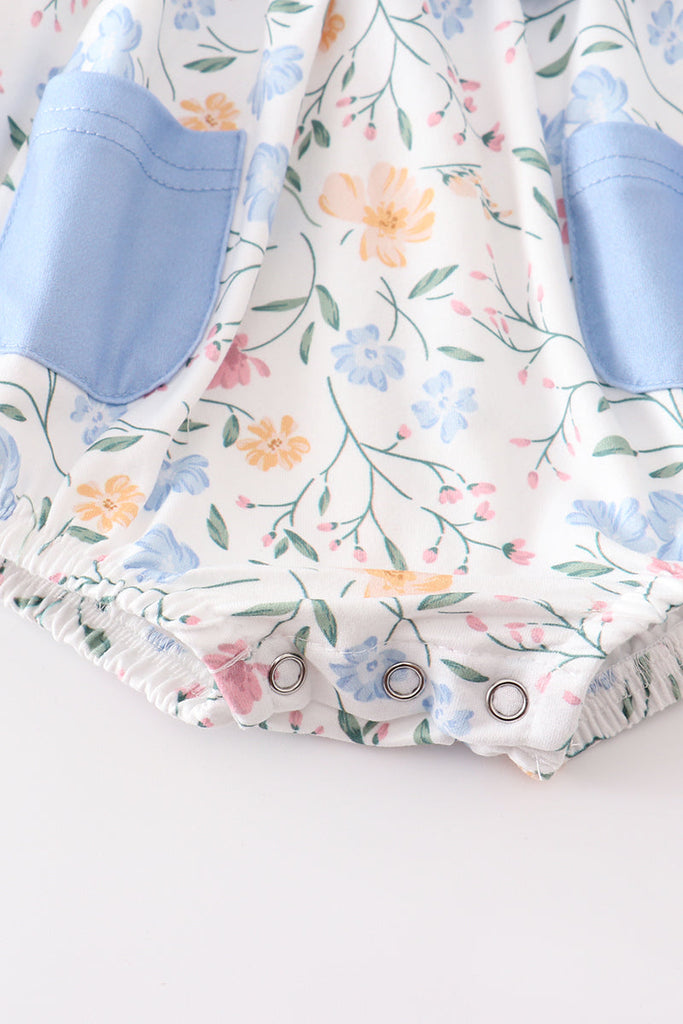 Blue floral print pocket ruffle baby romper