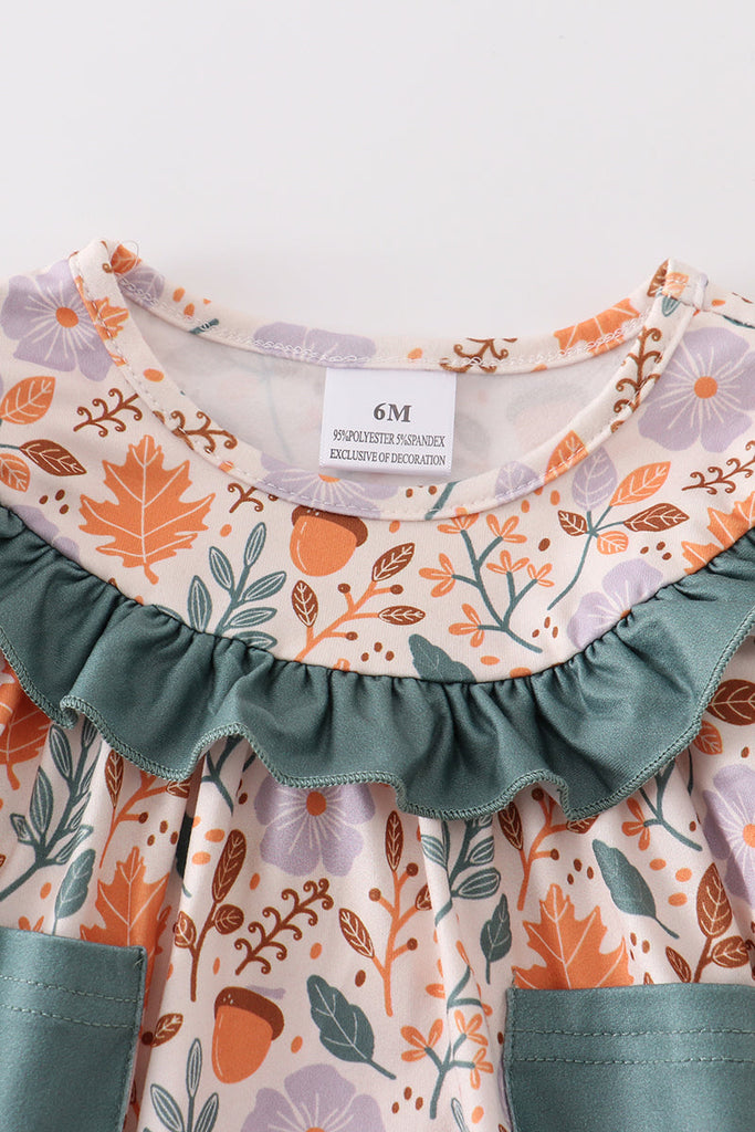 Green floral print pocket ruffle baby romper