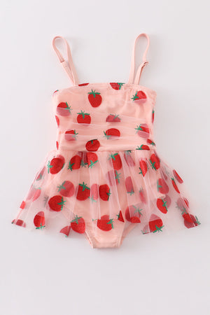 Pink strawberry girl tulle one pcs swimsuit