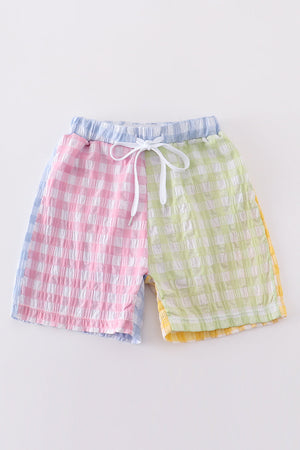 Multicolored gingham boy swim trunks