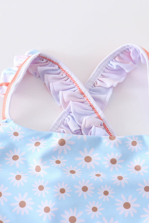 Blue floral print 2pc strap swimsuit UPF50+