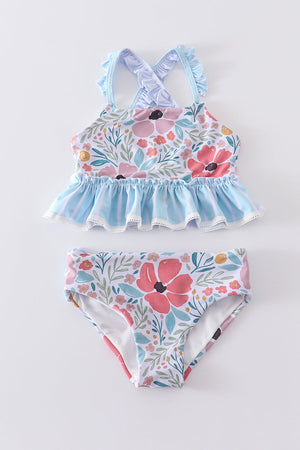 Pink floral print 2pc strap swimsuit UPF50+