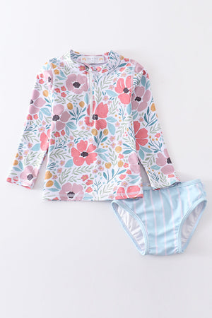 Pink floral print 2pc long sleeve rashguard swimsuit UPF50+
