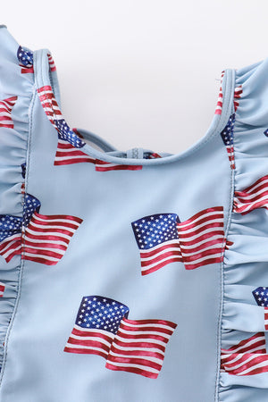 Blue patriotic flag print ruffle girl swimsuit UPF50+