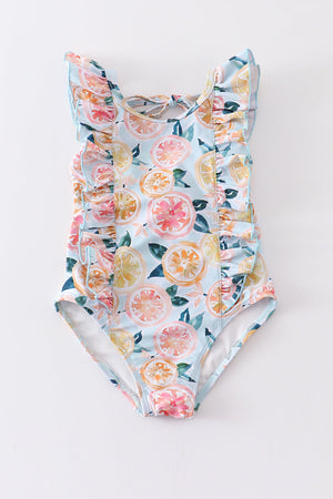 Blue lemon print ruffle girl swimsuit UPF50+