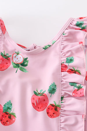 Pink strawberry print ruffle girl swimsuit UPF50+