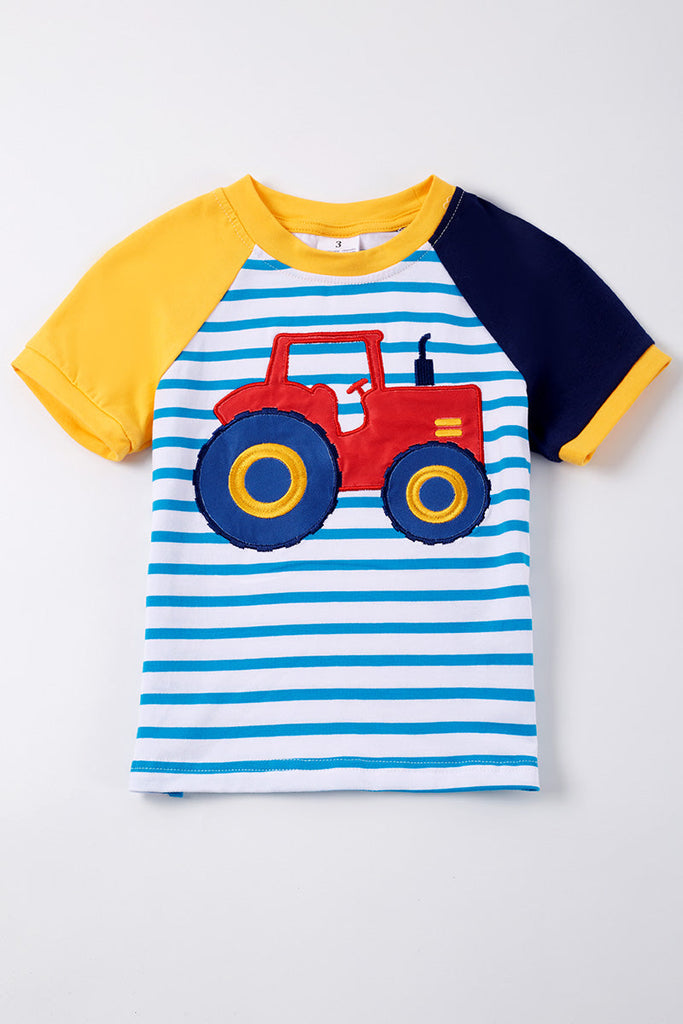 Blue stripe tractor applique boy top