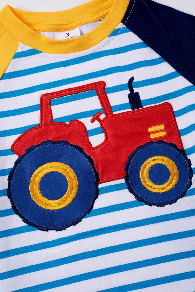 Blue stripe tractor applique boy top