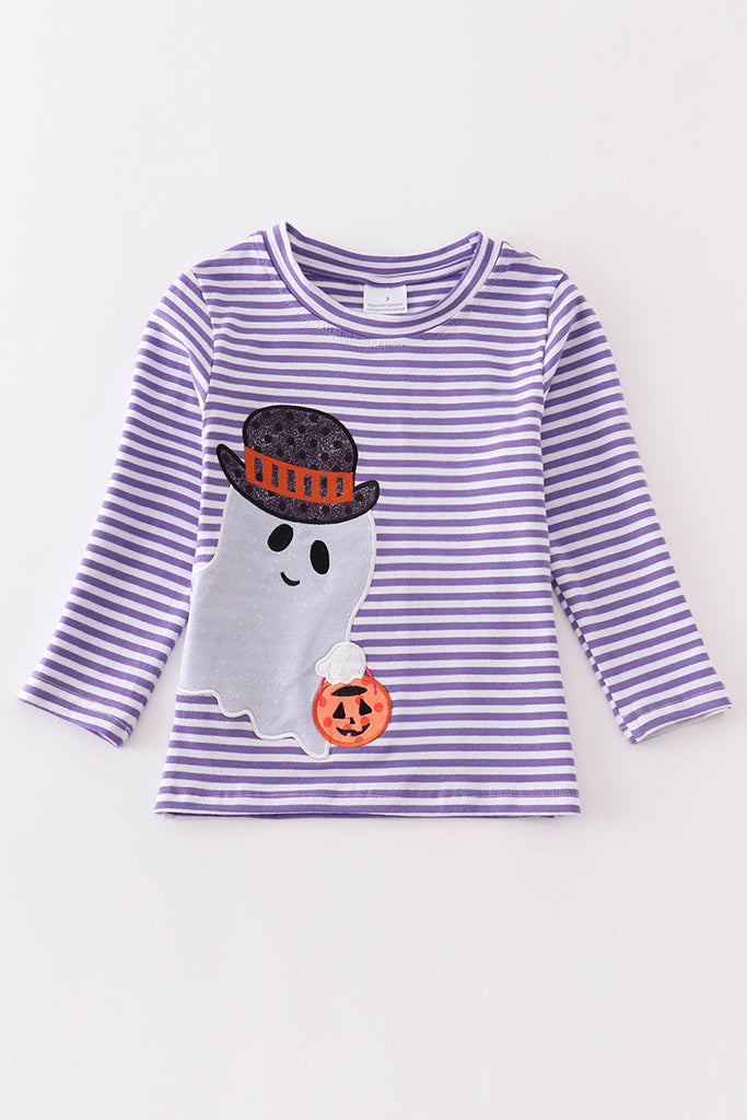 Purple stripe ghost pumpkin applique boy top