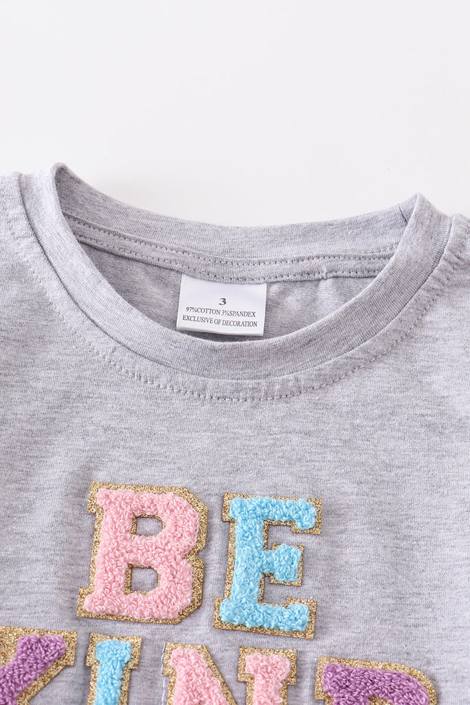 Grey "BE KIND" french knot girl top