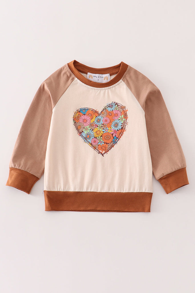 Brown heart floral girl top