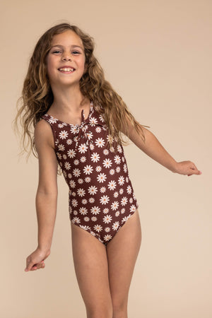 Warm brown floral print tie one piece girl swimsuit