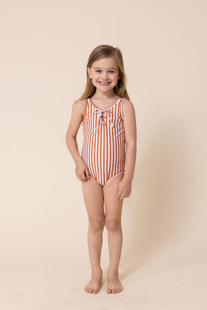 Terracotta stripe tie one piece girl swimsuit