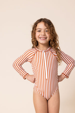Terracotta stripe zip rashguard girl swimsuit