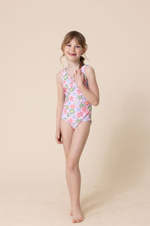 Floral print tie one piece girl swimsuit