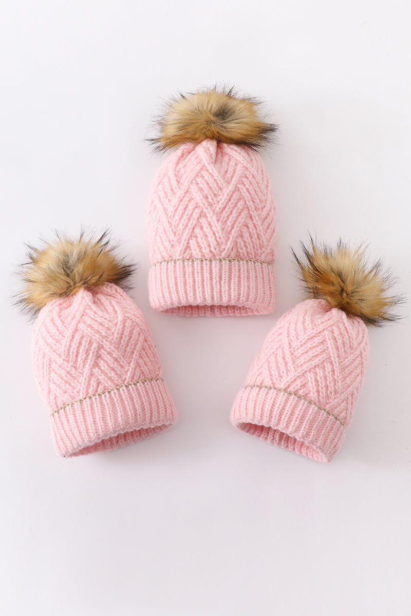 Pink cross cable knit pom pom beanie hat baby toddler adult  display picture 2