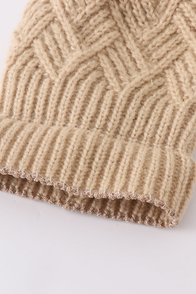 Beige cross cable knit pom pom beanie hat baby toddler adult